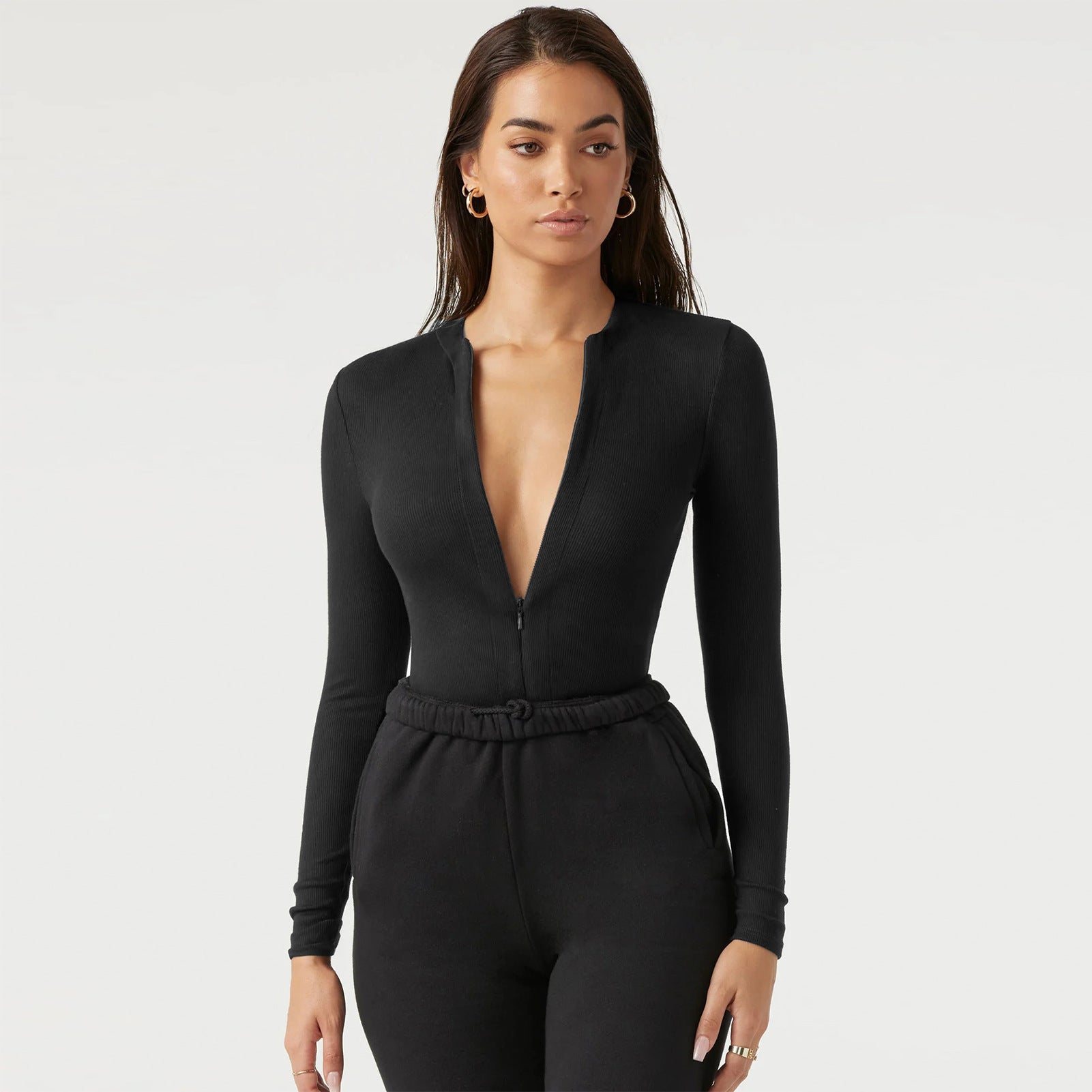 V-Neck Slim Fit Knitted Long Sleeve Top